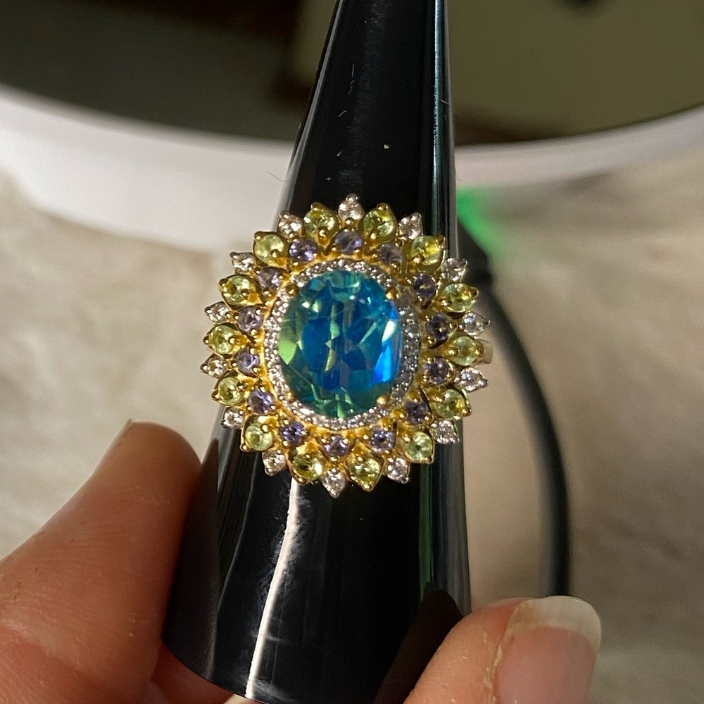 Brand NWT Peacock Quartz, Multi Gemstone Dahlia Floral Ring 4.15 ctw size 7
